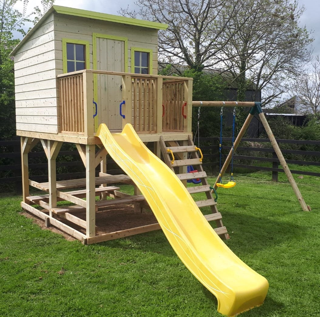 Stilts Wooden Wendy House With Slide 380- Yellow Flat Roofed
